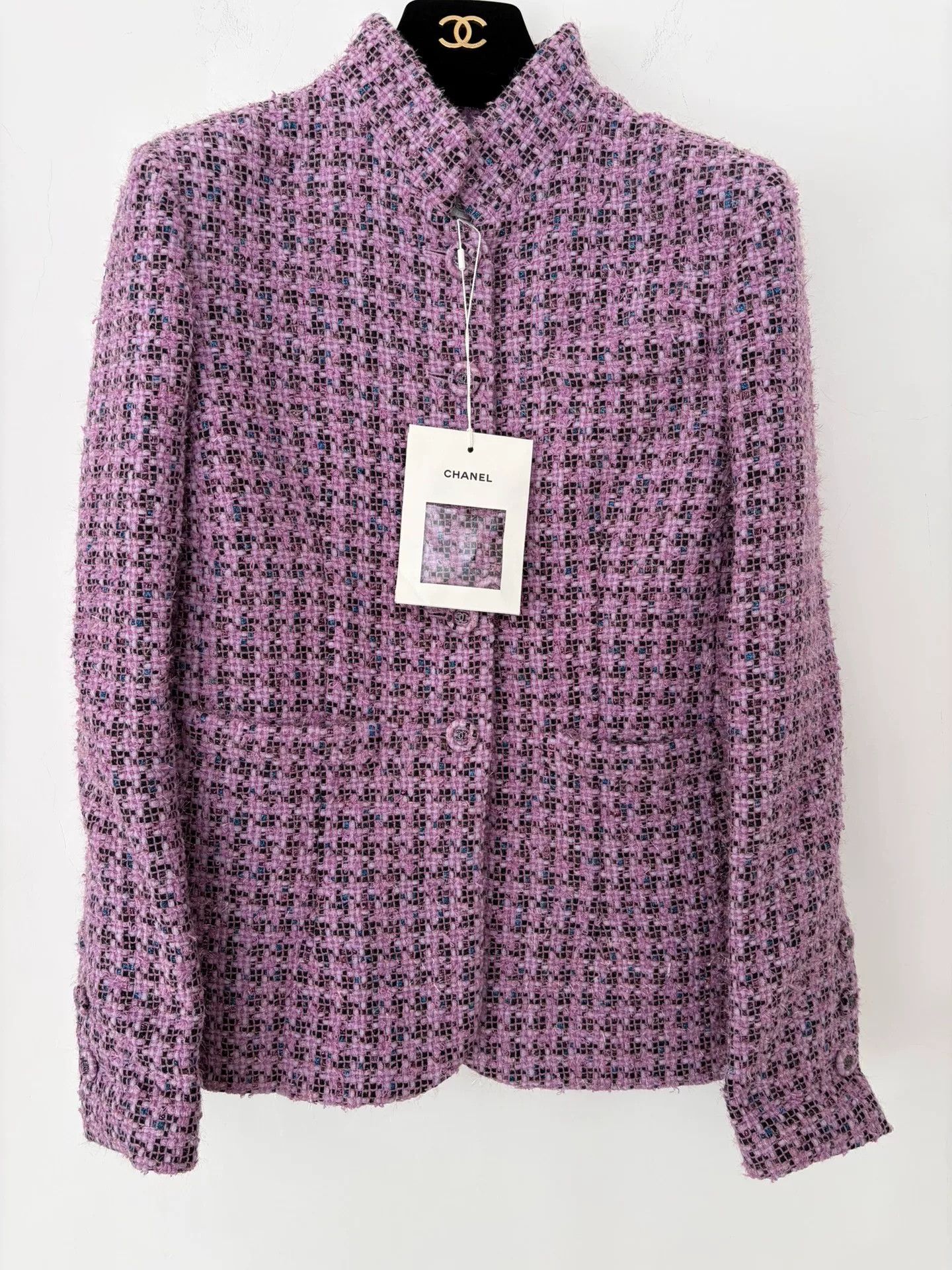 Chanel Chanel Purple Houndstooth Wool Stand-Collar Coat Size US XS / EU 42 / 0 - 1 Thumbnail