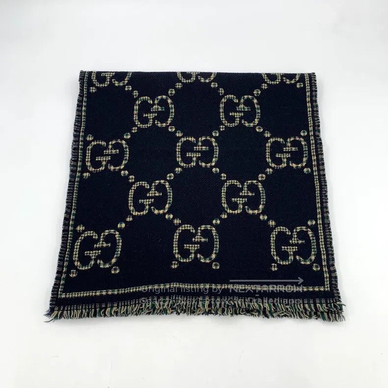 Gucci Gucci Black logo jacquard full-print wool tassel scarf Size ONE SIZE - 1 Thumbnail
