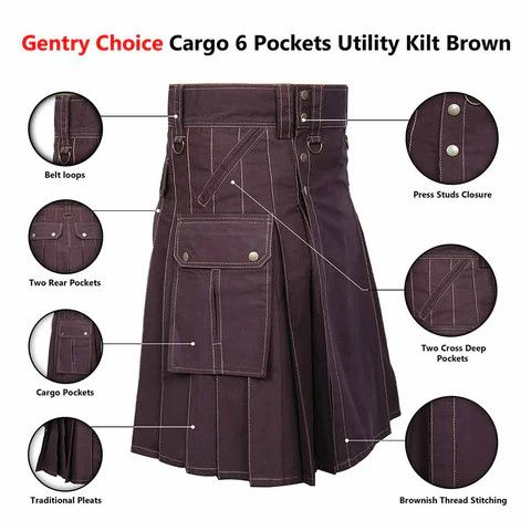 Handmade × Other Cargo Utility Kilt Brown with 6 Pockets Size US 34 / EU 50 - 7 Thumbnail