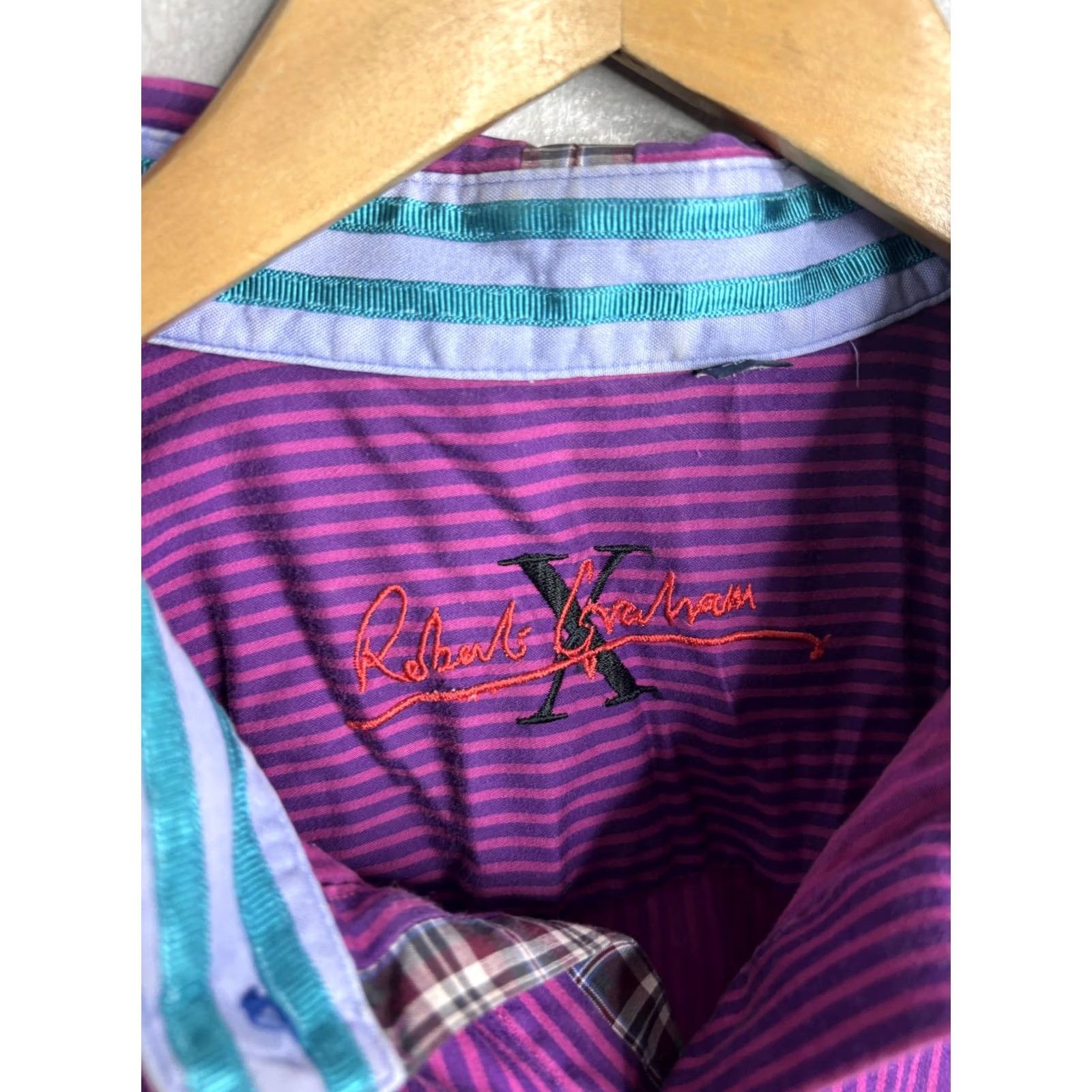 Robert Graham Robert Graham X Shirt Mens 2XL Purple Striped Button Front Contrast Cuff Trim Size US XXL / EU 58 / 5 - 3 Thumbnail