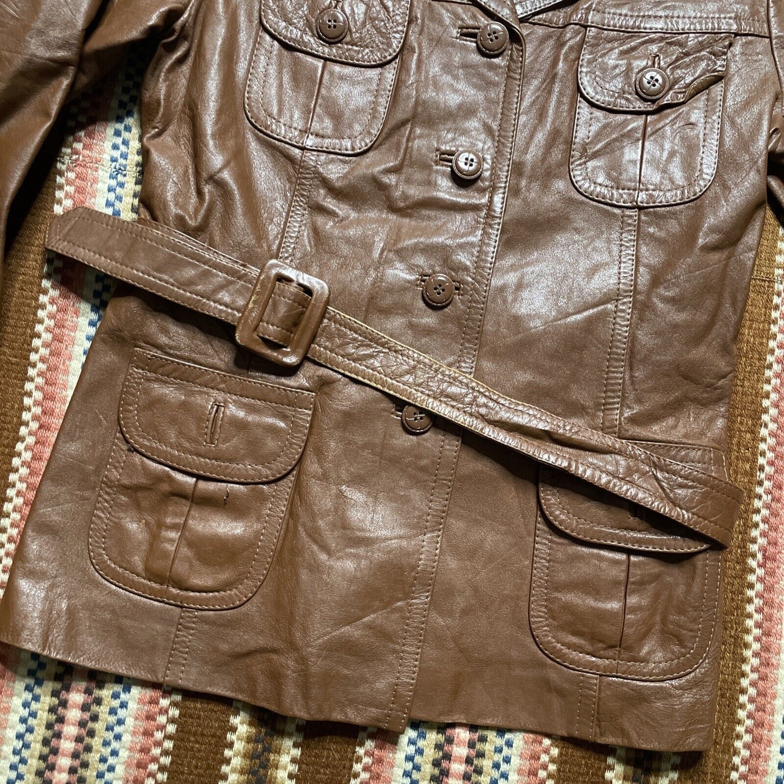 Japanese Brand × Vintage Vtg 70s Montgomery Ward Tannery Leather Belted Trench Coat Size M / US 6-8 / IT 42-44 - 3 Thumbnail