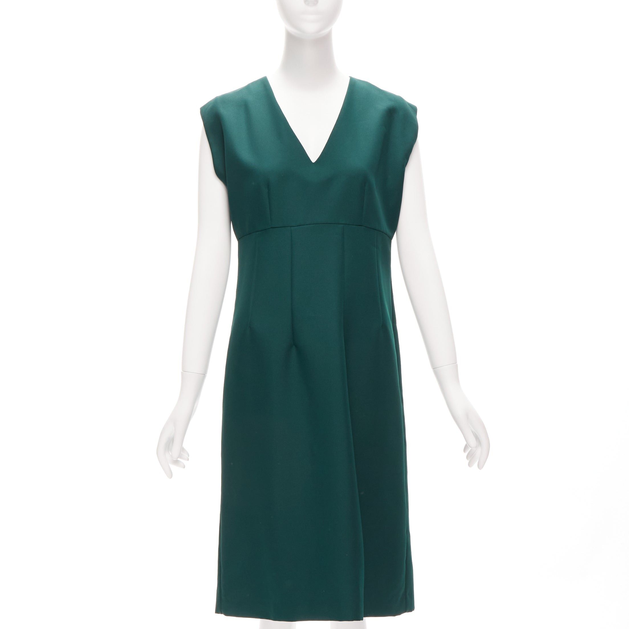 MARNI green twill V neck dart pleat waist sleeveless boxy dress