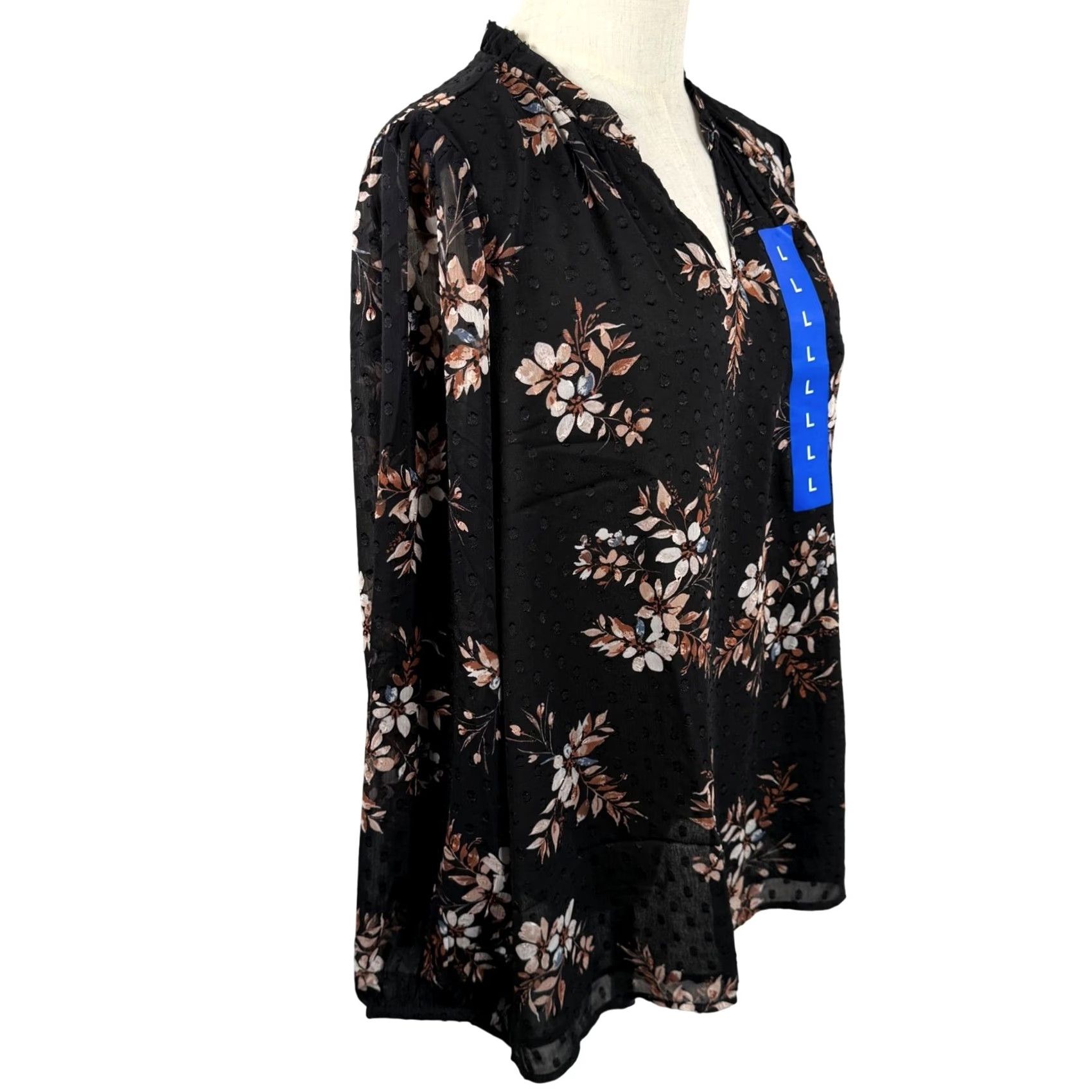 Vintage Hilary Radley L Blouse Black Floral Clip Dot Ruffle V-Neck Long Sleeve Sheer NWT Bohemian Fall/Sping Tunic Women Size L / US 10 / IT 46 - 4 Thumbnail
