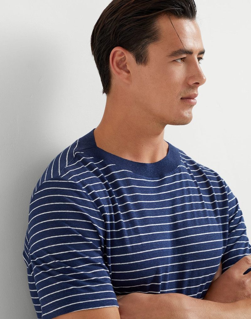 Brunello Cucinelli o1la1rc1a0326 Striped Linen Stretch Boat Neck T-Shirt Blue Size US M / EU 48-50 / 2 - 3 Thumbnail