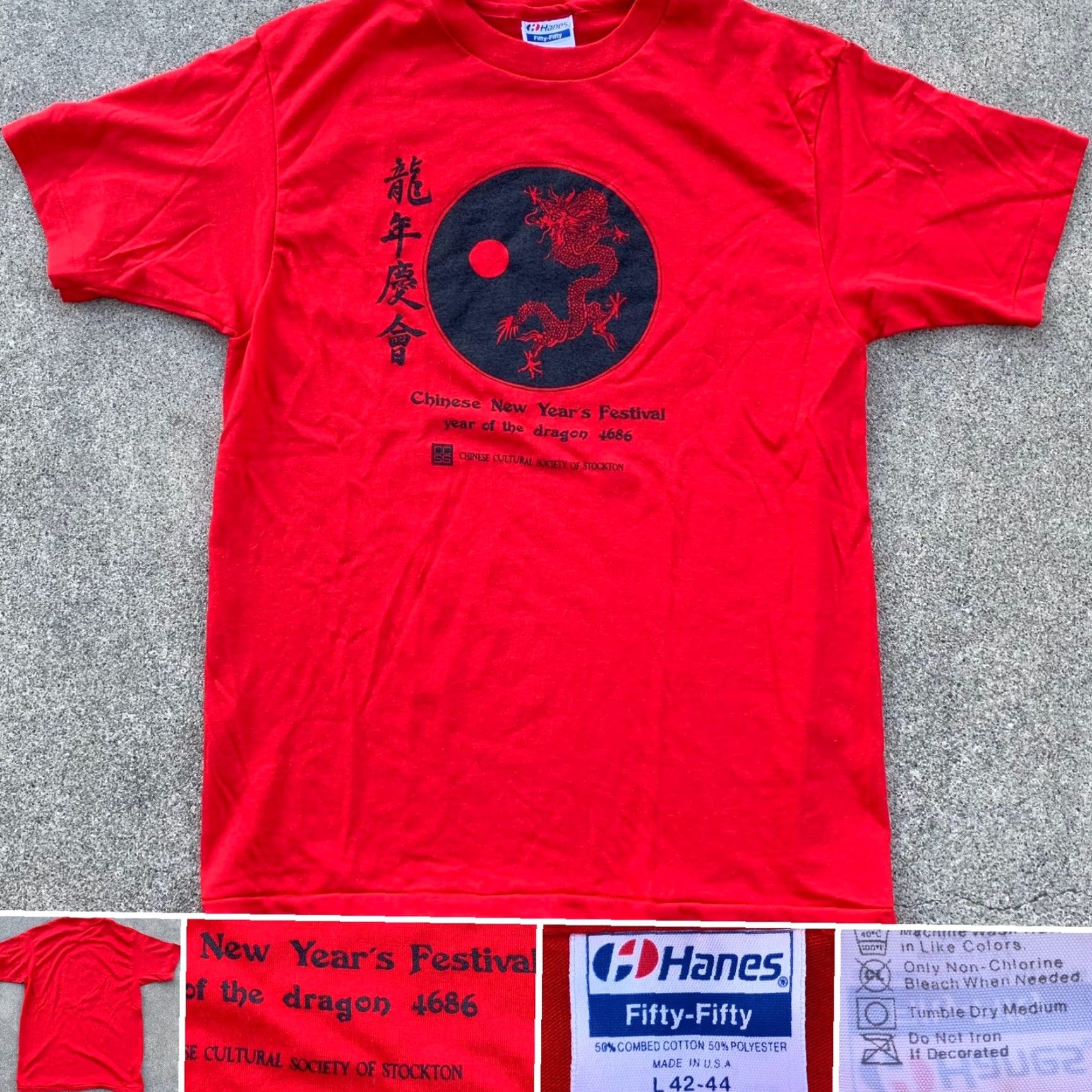 Hanes VINTAGE Hanes T-Shirt Men Red Festival Year of the Dragon 4686 Chinese New Years Stockton Size US L / EU 52-54 / 3 - 2 Thumbnail