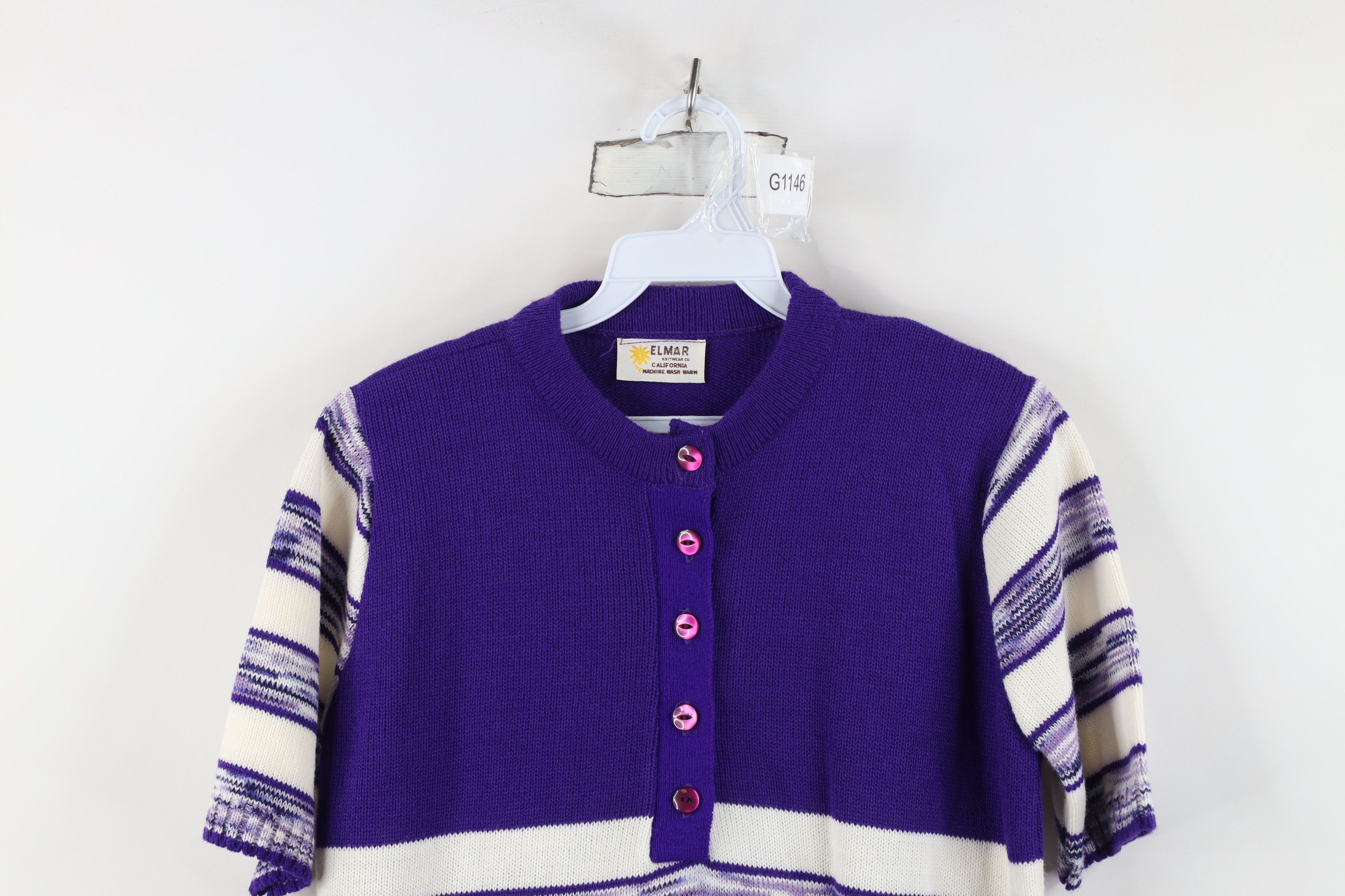 Vintage Vintage 50s 60s Button Striped Knit Short Sleeve Sweater USA Size M / US 6-8 / IT 42-44 - 2 Thumbnail