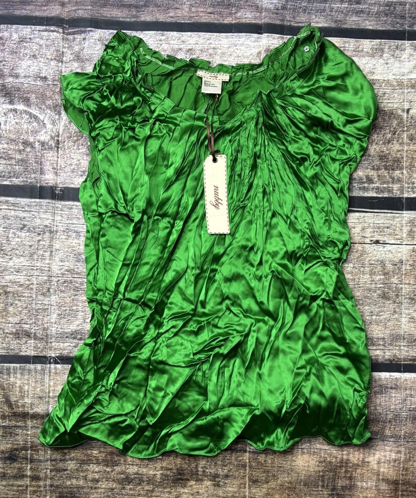 Other Nubby Silk Top Women's Medium Satin Green Puff Sleeve Ruffle Size M / US 6-8 / IT 42-44 - 1 Thumbnail