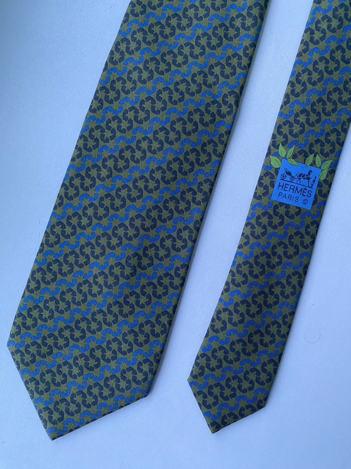 Hermes Hermes Tie 645668 EA 100% Silk Khaki Grey Blue France Luxury Size ONE SIZE - 10 Thumbnail