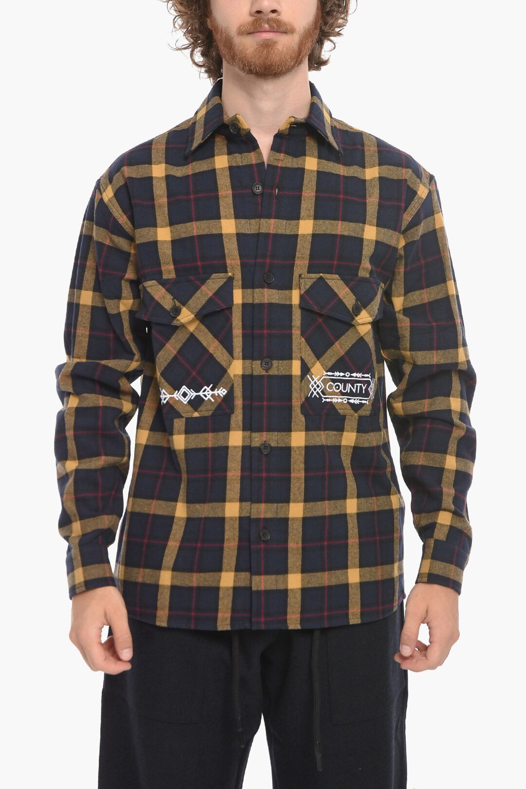 image of Marcelo Burlon Og1Mm0424 Plaid Check Folk Flannel Shirt In Blue Yellow, Men's (Size Small)