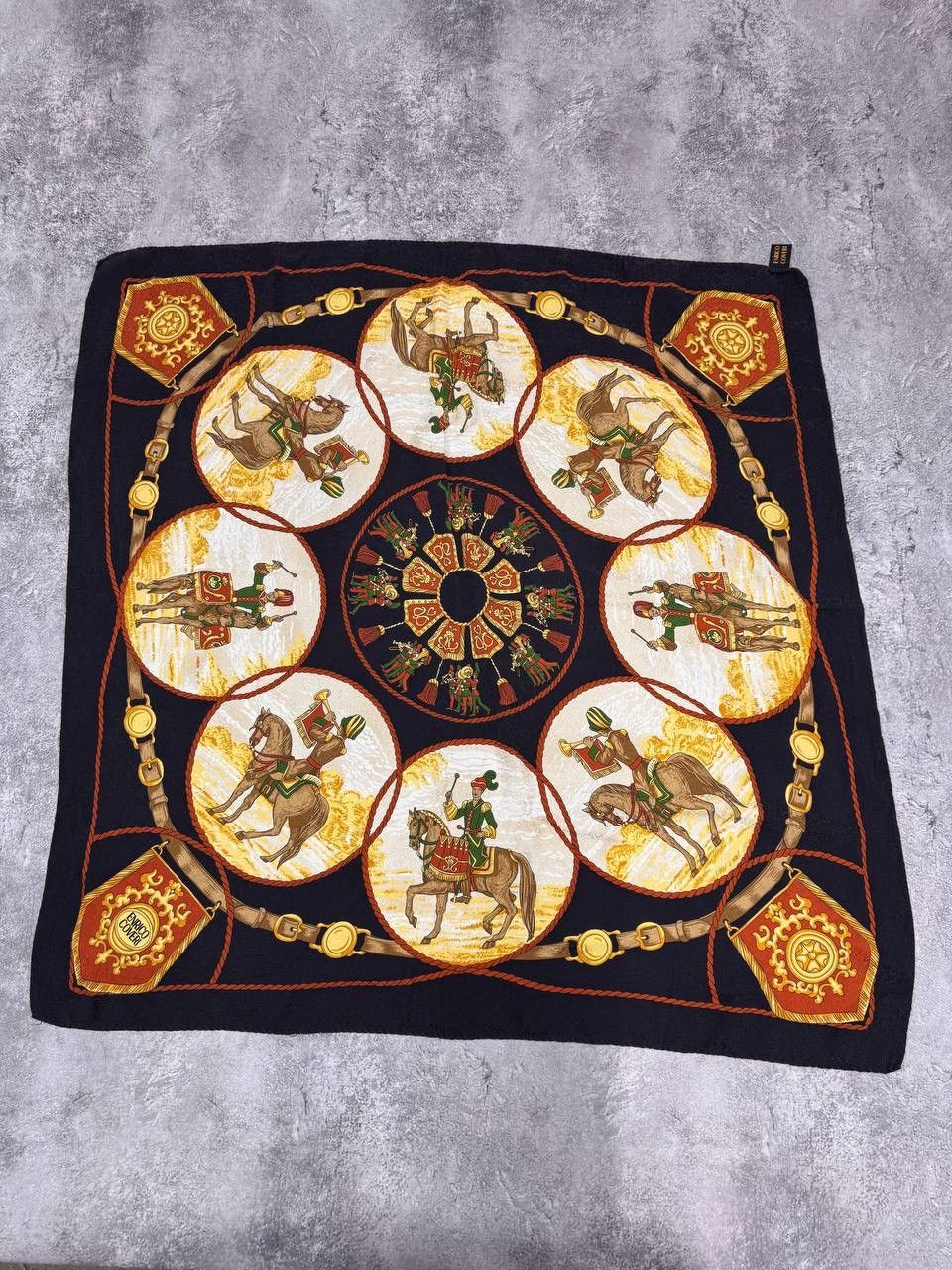 Enrico Coveri Enrico Coveri Silk Scarf Equestrian Print Navy Gold Vintage Size ONE SIZE - 2 Thumbnail