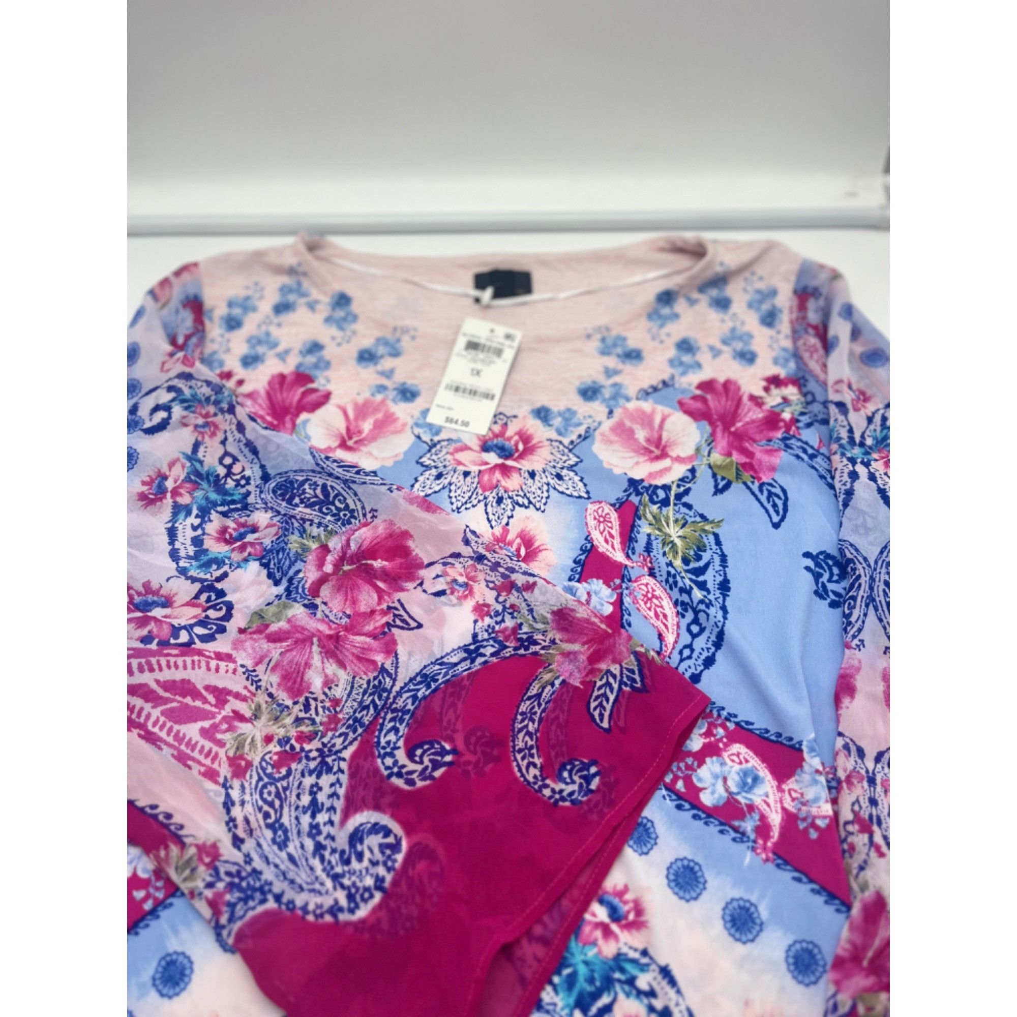 JM Collection JM Collection Tulip Sleeve Plus Size Printed Top, Fuchsia, 1 Size ONE SIZE - 6 Thumbnail
