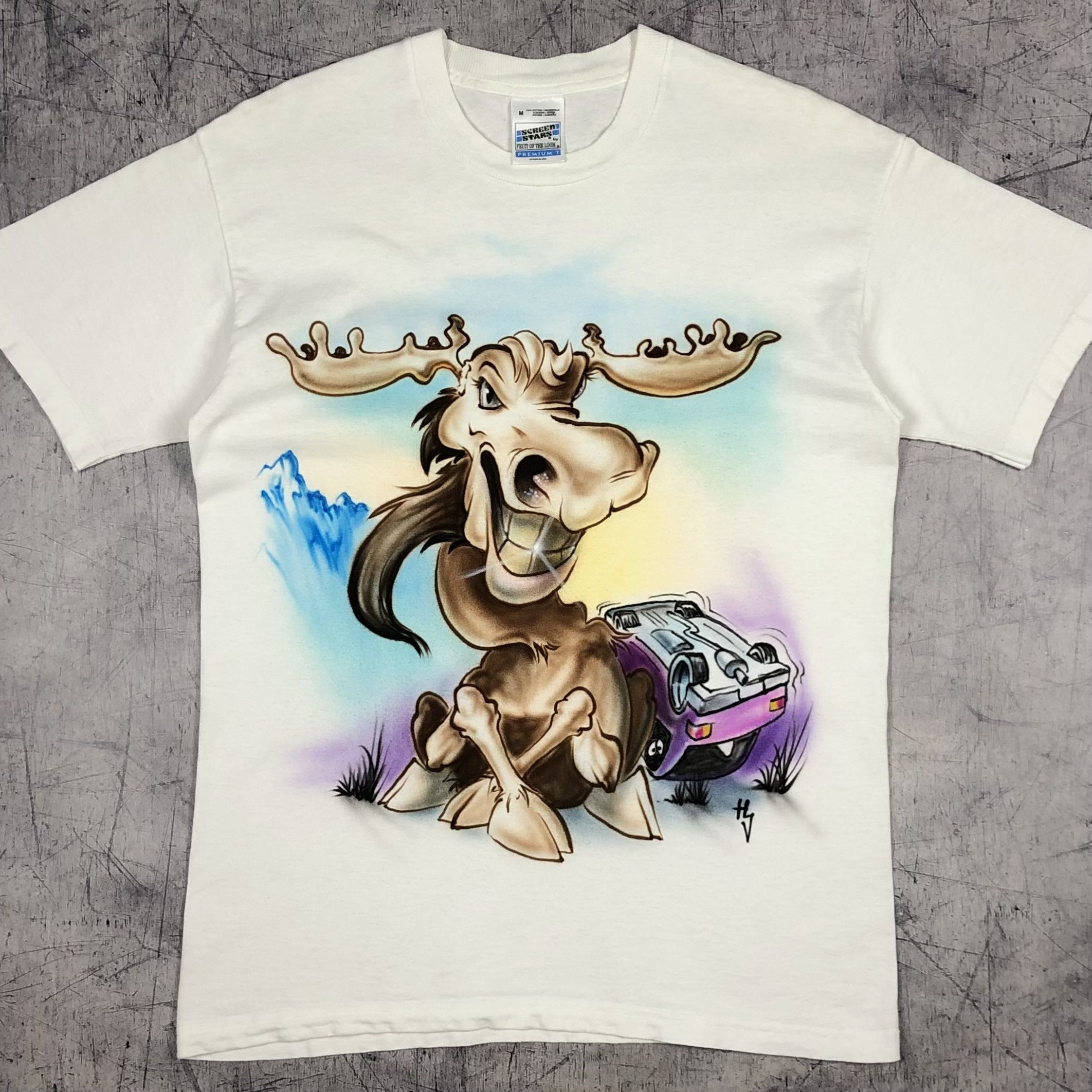 Handmade 90s Aerograph 1Of1 Handpaint Moose On Road Tee Size US L / EU 52-54 / 3 - 1 Thumbnail