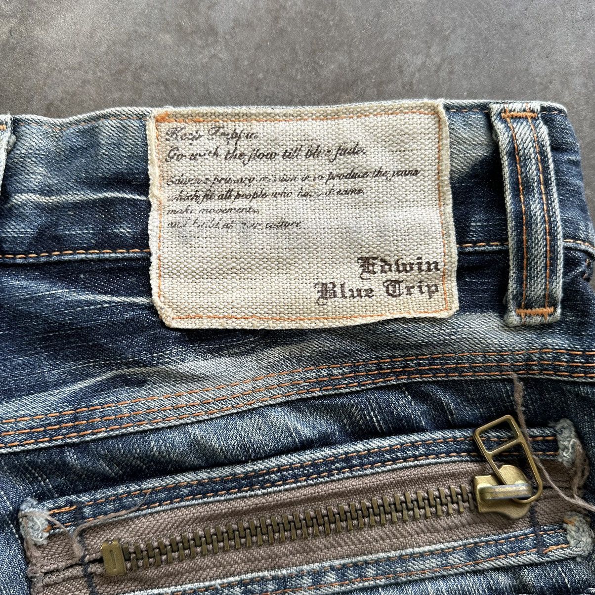 Edwin × Jean × Vintage Vintage Edwin Blue Trip Distressed Faded Denim Jean Pant W33 Size US 33 - 13 Thumbnail