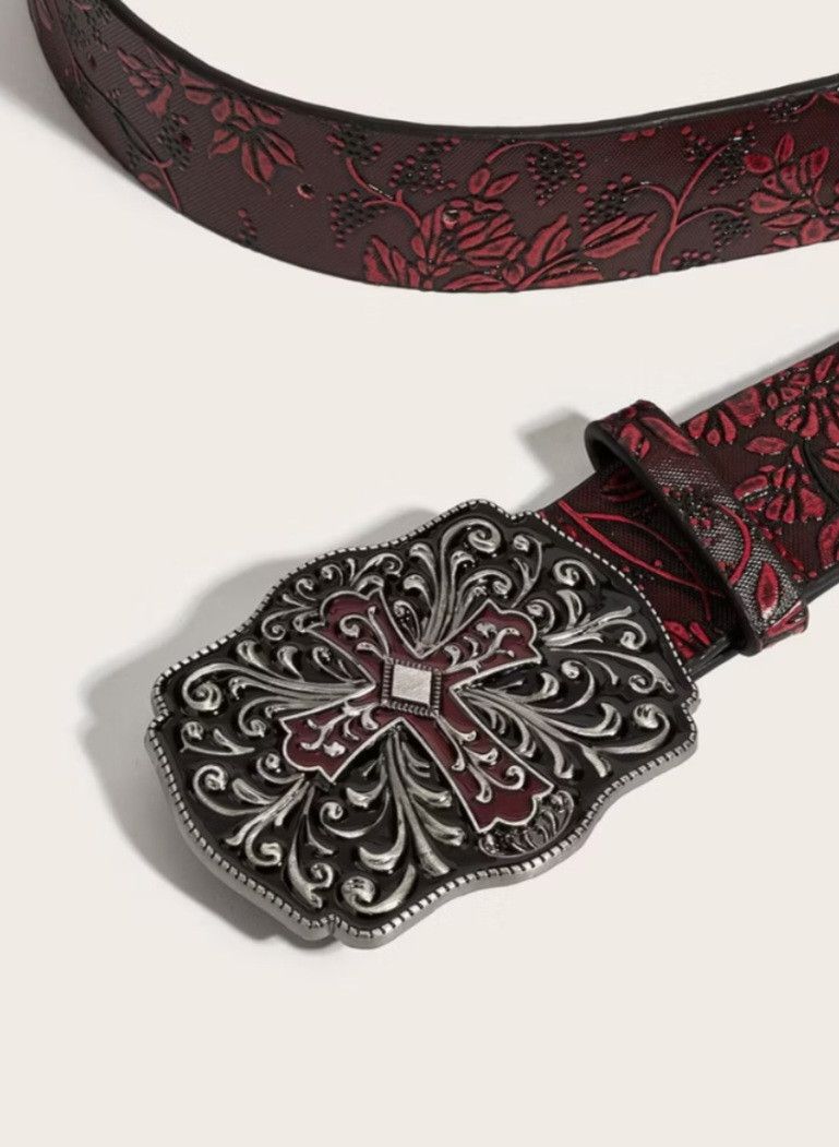 Japanese Brand 💥Cross metal buckle burgendy flower belt Size ONE SIZE - 3 Thumbnail
