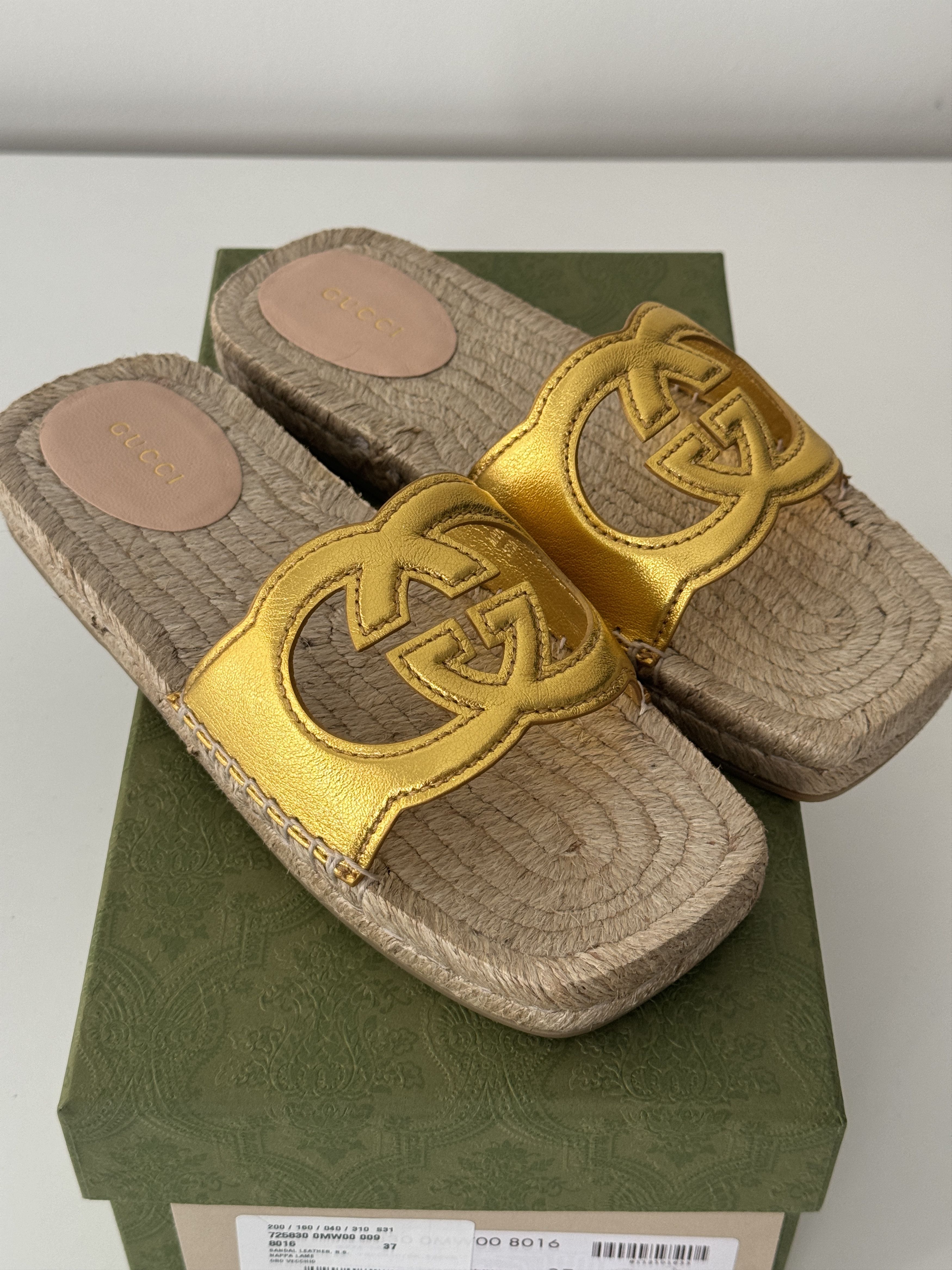 Gucci size 37G - Gucci Espadrille Gold GG cutout slide sandal Size US 7 / IT 37 - 1 Thumbnail