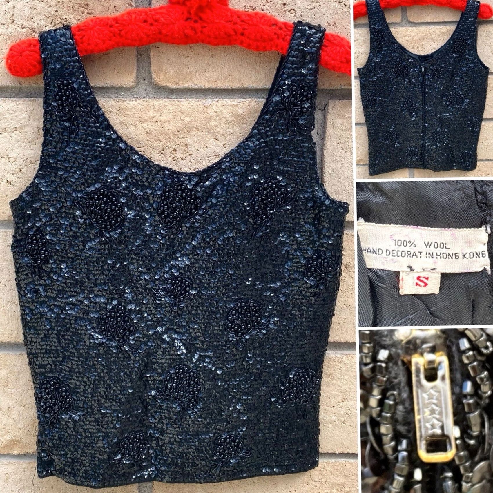 Vintage VTG 50s 60s Black Sequin Beaded Wool Top Hong Kong Metal Zip Pinup Glam Shirt S Womens Size S / US 4 / IT 40 - 4 Thumbnail
