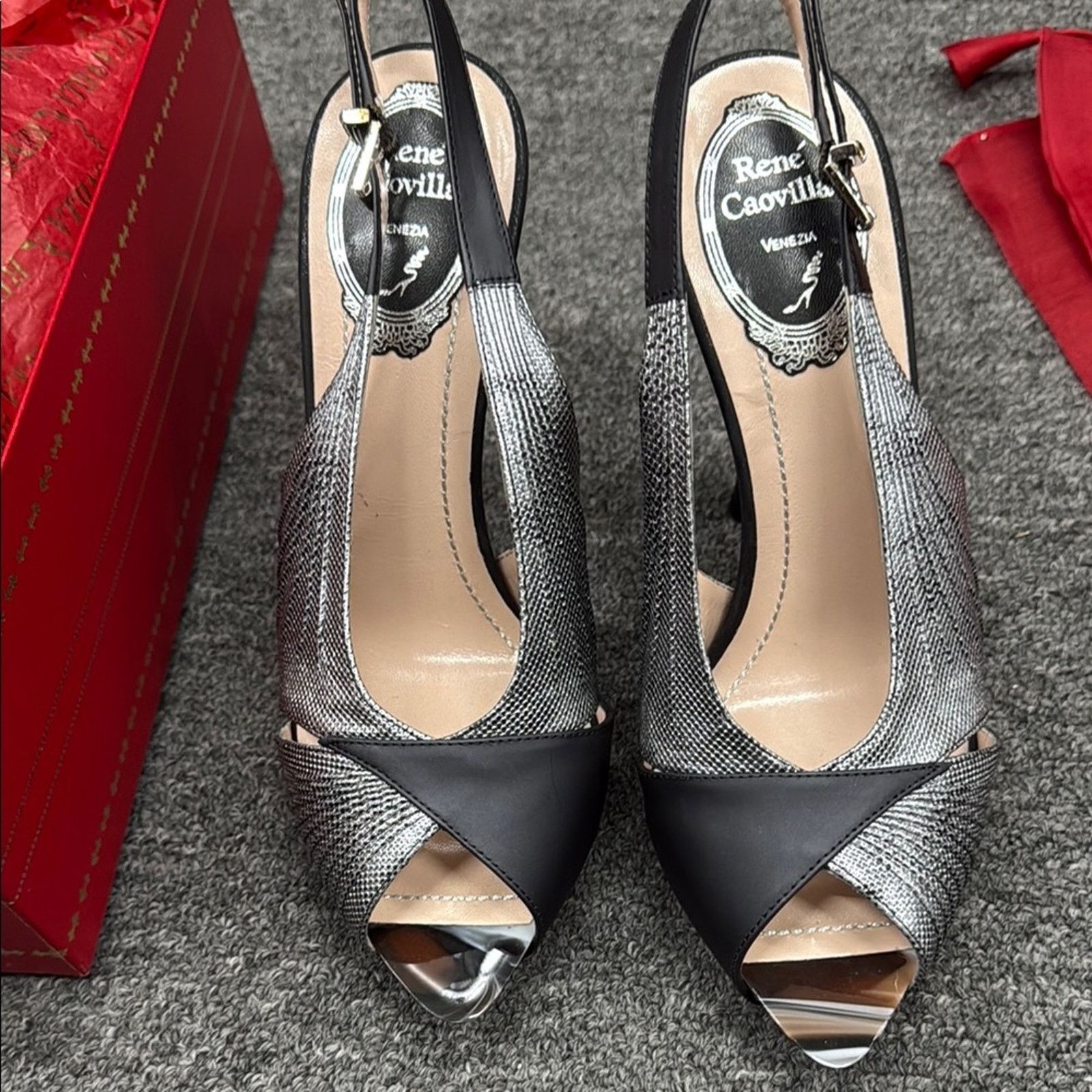 Rene Caovilla NWT Rene Caovilla Black Silver Peep Toe Heels Size 37 US 7 Size US 7 / IT 37 - 1 Thumbnail
