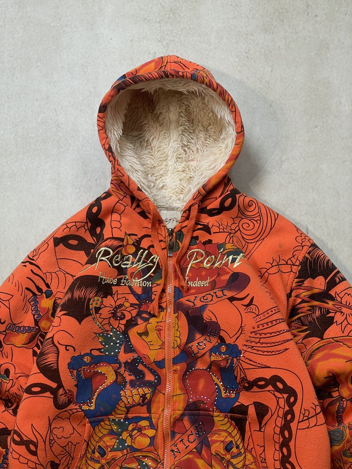 Christian Audigier 🔥Y2K VINTAGE REALLY POINT WOLF JAW JACKET MOHAIR ZIP HOODIE🔥 Size US L / EU 52-54 / 3 - 6 Thumbnail