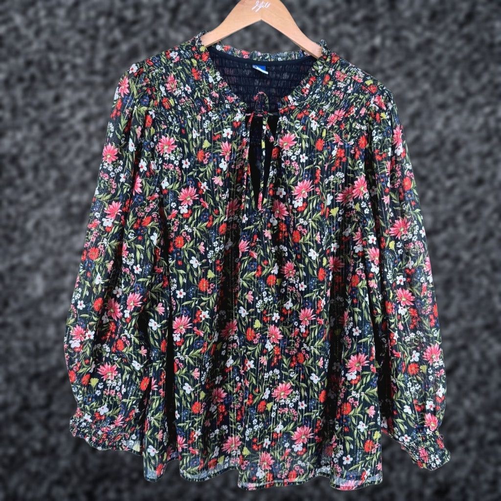 Old Navy Blouse Women 2X Black Floral Smocked Peasant Long Sleeve Tie Ruffle Boho Womens (Size 2XL)