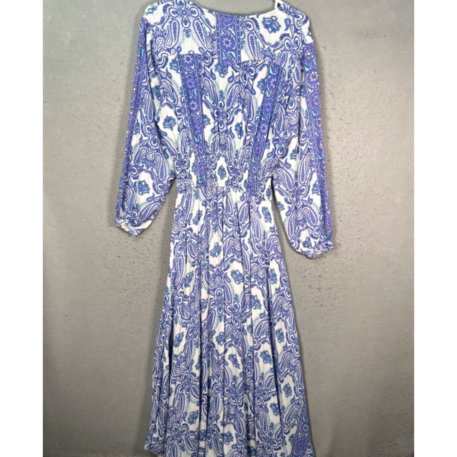 Vintage Z & L Women's Large Maxi Dress Bohemian Paisley V-Neck Button Detail Elastic Waist Long Sleeve Blue Casual Summer Spring Costume Not Vintage Size L / US 10 / IT 46 - 2 Thumbnail