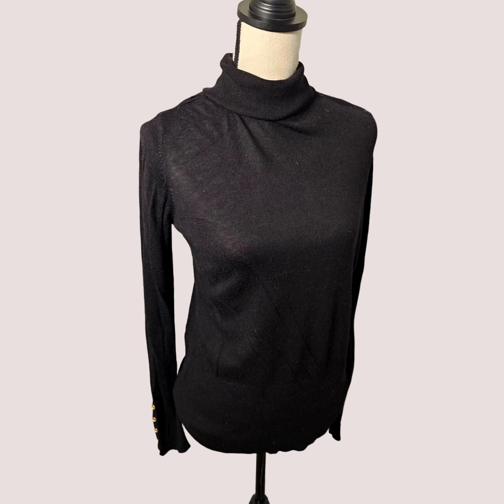 H&M H&M Turtleneck Sweater Womens Size L Black Tight Knit Button Accent Casual Pullover Knit Long Sleeve Split: 0 Size L / US 10 / IT 46 - 1 Thumbnail