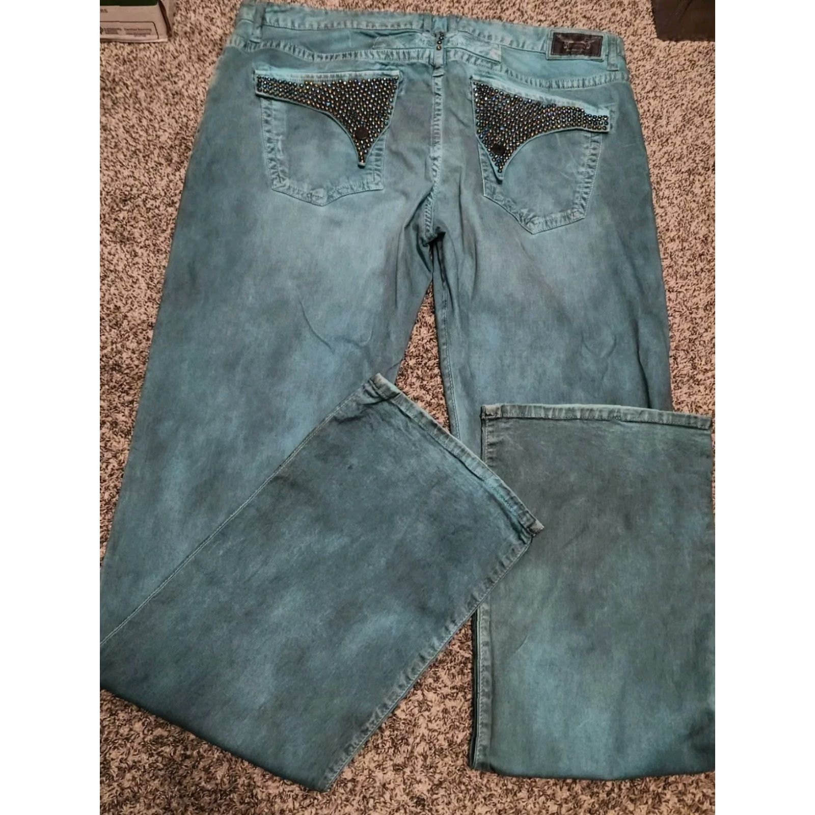 Vintage Robin Jeans Mens Blue Jeans Straight Leg 40x38 Long Flap Rhinestone Bling Size US 40 / EU 56 - 2 Thumbnail