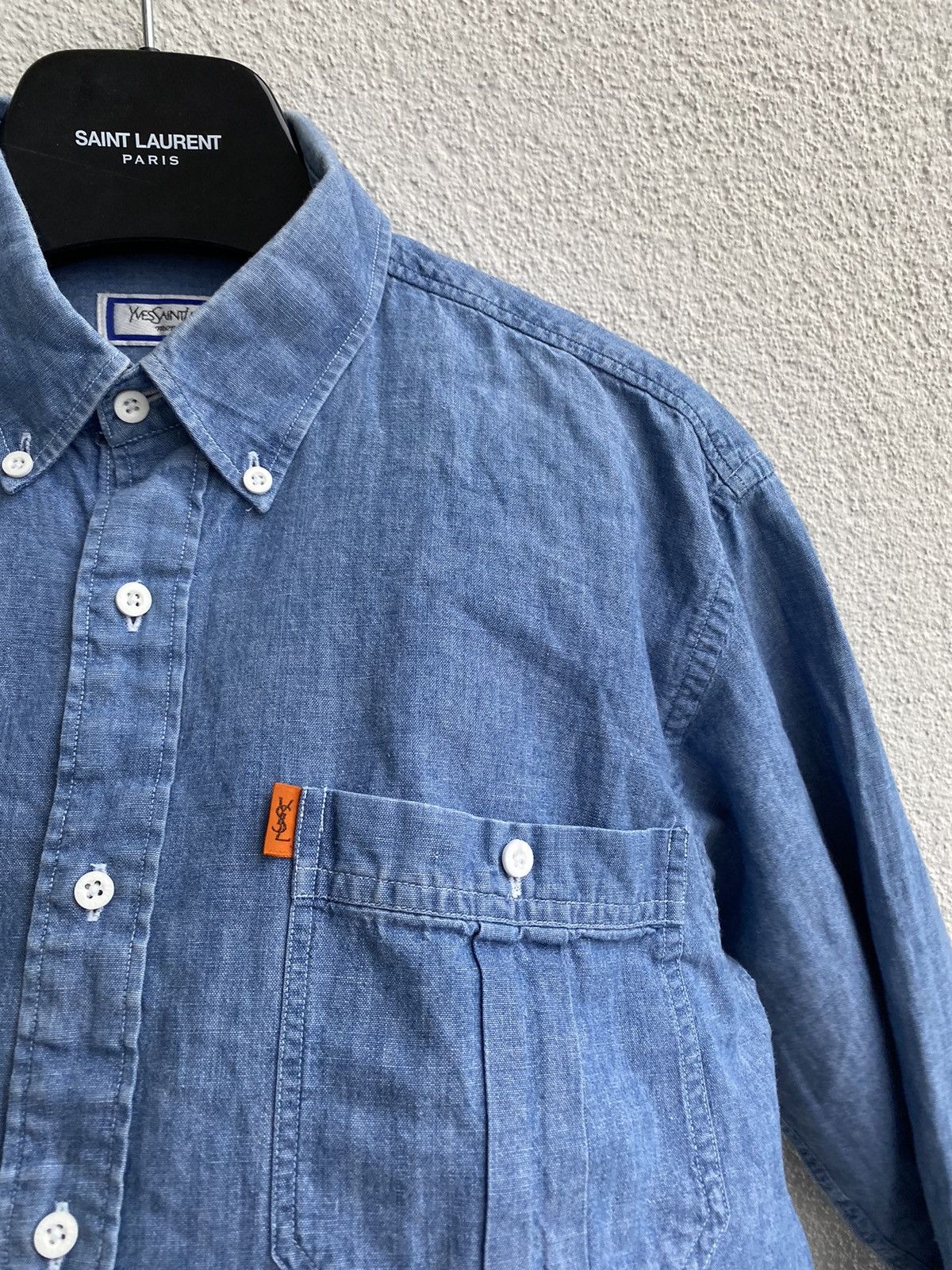 image of YVES Saint Laurent 90's Cotton YSL Shirt Blue, Men's (Size Medium)