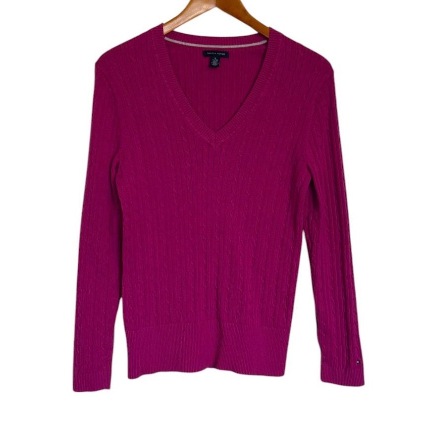 Tommy Hilfiger Tommy Hilfiger Sweater Women X Large Pink Cable Knit V Neck Size XL / US 12-14 / IT 48-50 - 1 Thumbnail