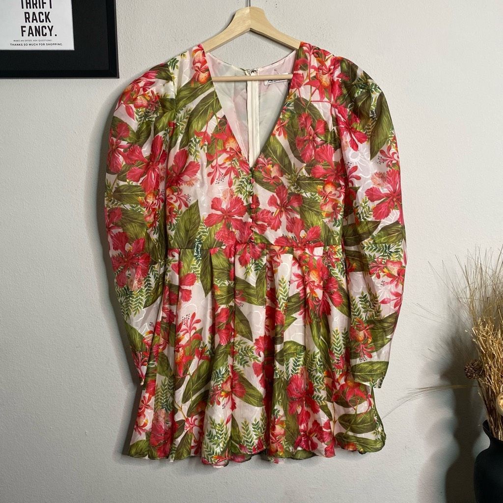Amur NEW AMUR Dress Floral Tropical Puff Sleeve Mini Dress Red Si Size M / US 6-8 / IT 42-44 - 2 Thumbnail