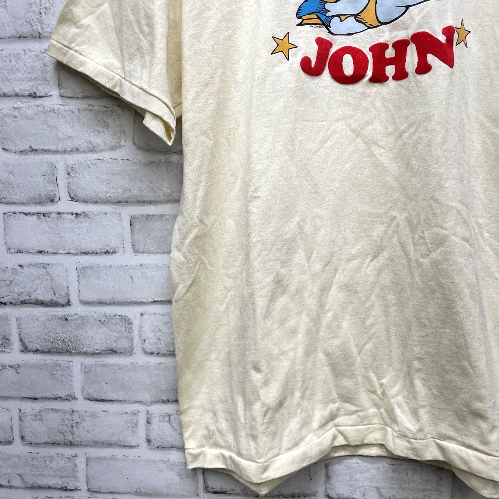 Vintage VTG Oneita SUPER JOHN T-Shirt Mens XL Beige Graphic Stitch USA 1980s 90s Decade Tee Size US XL / EU 56 / 4 - 3 Thumbnail