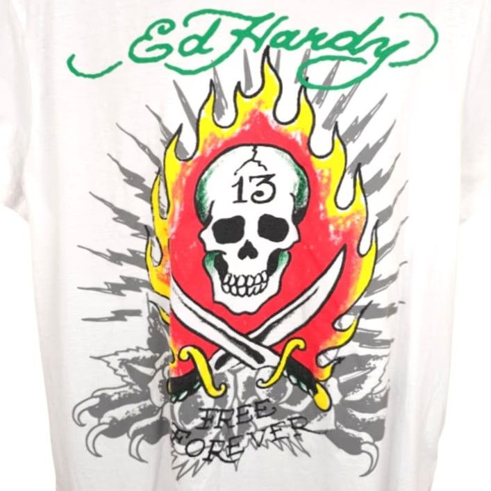 Ed Hardy Ed Hardy T Shirt Mens XL White Flaming Skull Free Forever Size US XL / EU 56 / 4 - 2 Thumbnail