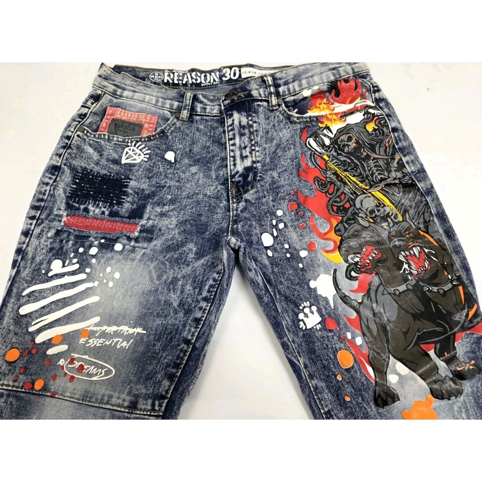 Reason REASON Supply Co. Jeans Men 31 Stretch Graphic Paint Denim Zip 32 Inseam Multicolor Medium Wash Distressed Logo Pockets Straight Across Seasons Size US 31 - 2 Thumbnail
