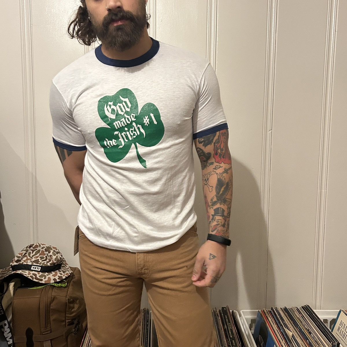 Hanes × Vintage 80s God Made Irish #1 Ringer T-Shirt Size US L / EU 52-54 / 3 - 1 Thumbnail