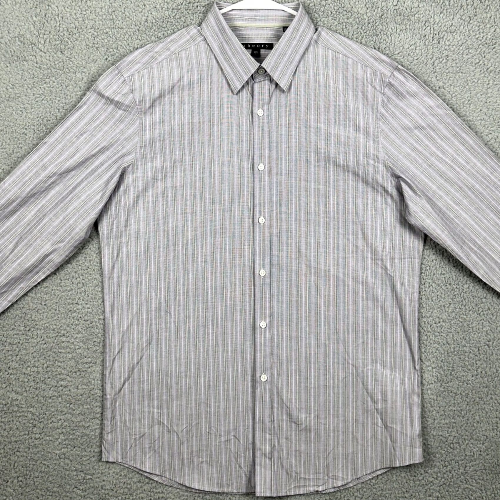 Theory Theory Shirt Dress Mens Large 16.5 34-35 Gray Purple Striped Button Up Cotton Size 46R - 3 Thumbnail
