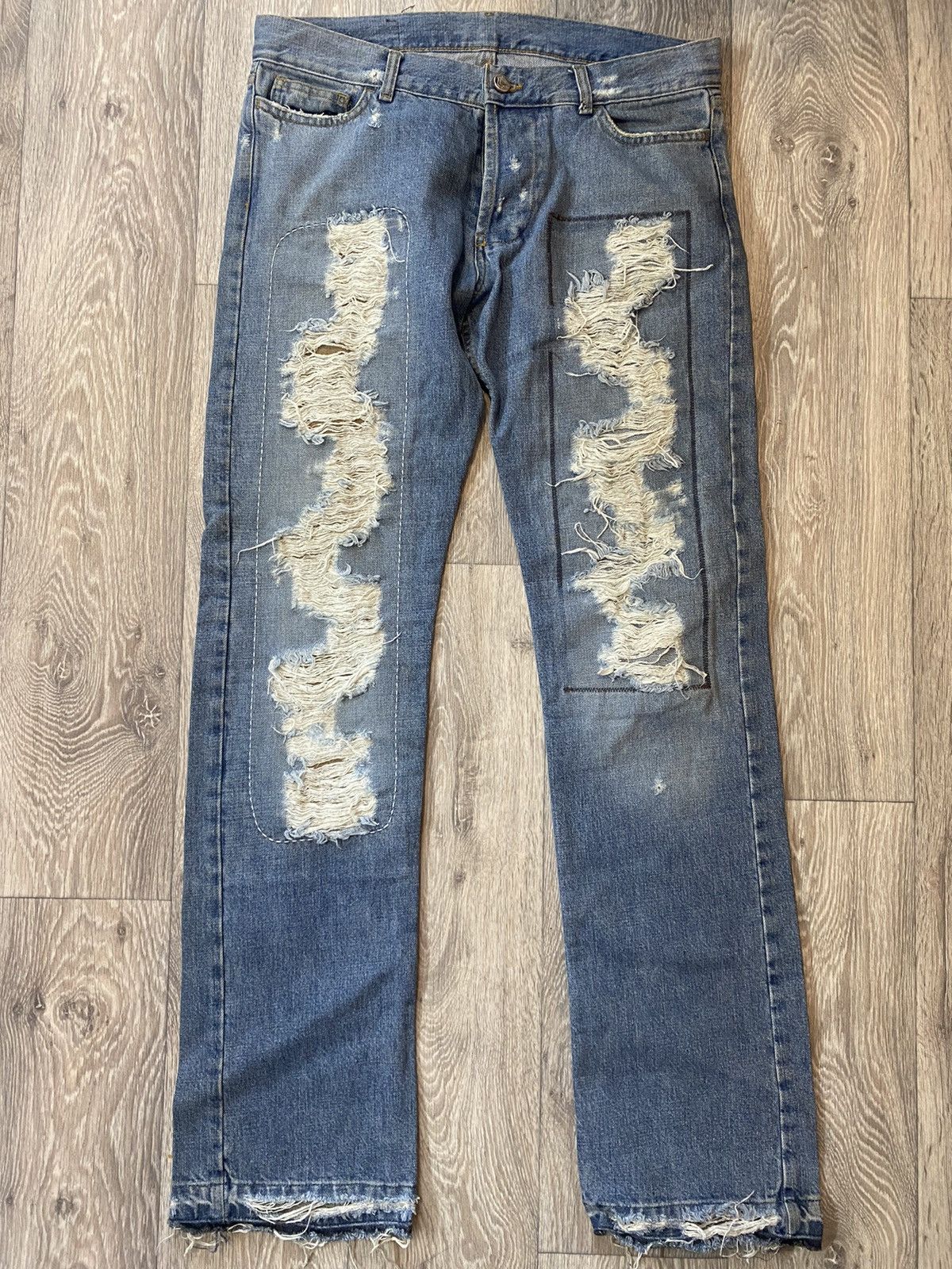 image of Vivienne Westwood Distressed Archive Denim With Patches in Blue, Men's (Size 30)