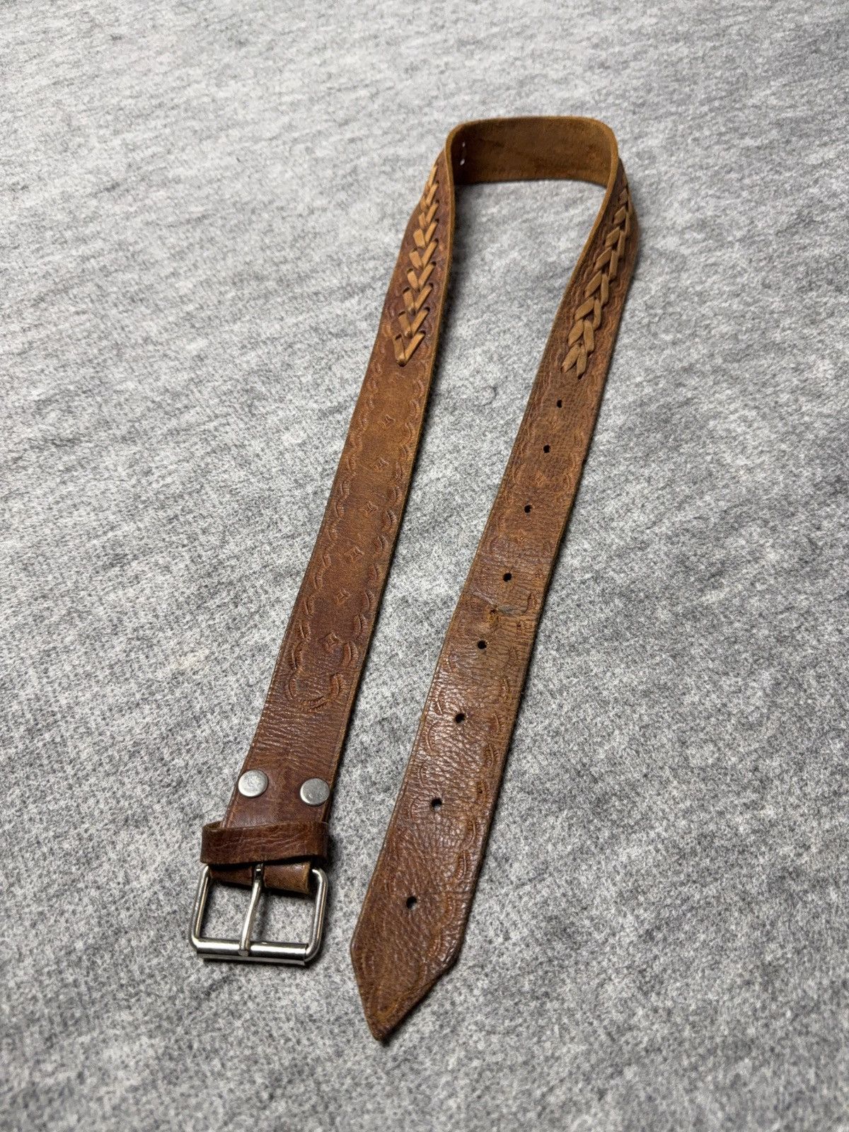 Vintage 90s Vintage Brown Tooled Leather Belt Braided Detail Western Size ONE SIZE - 3 Thumbnail