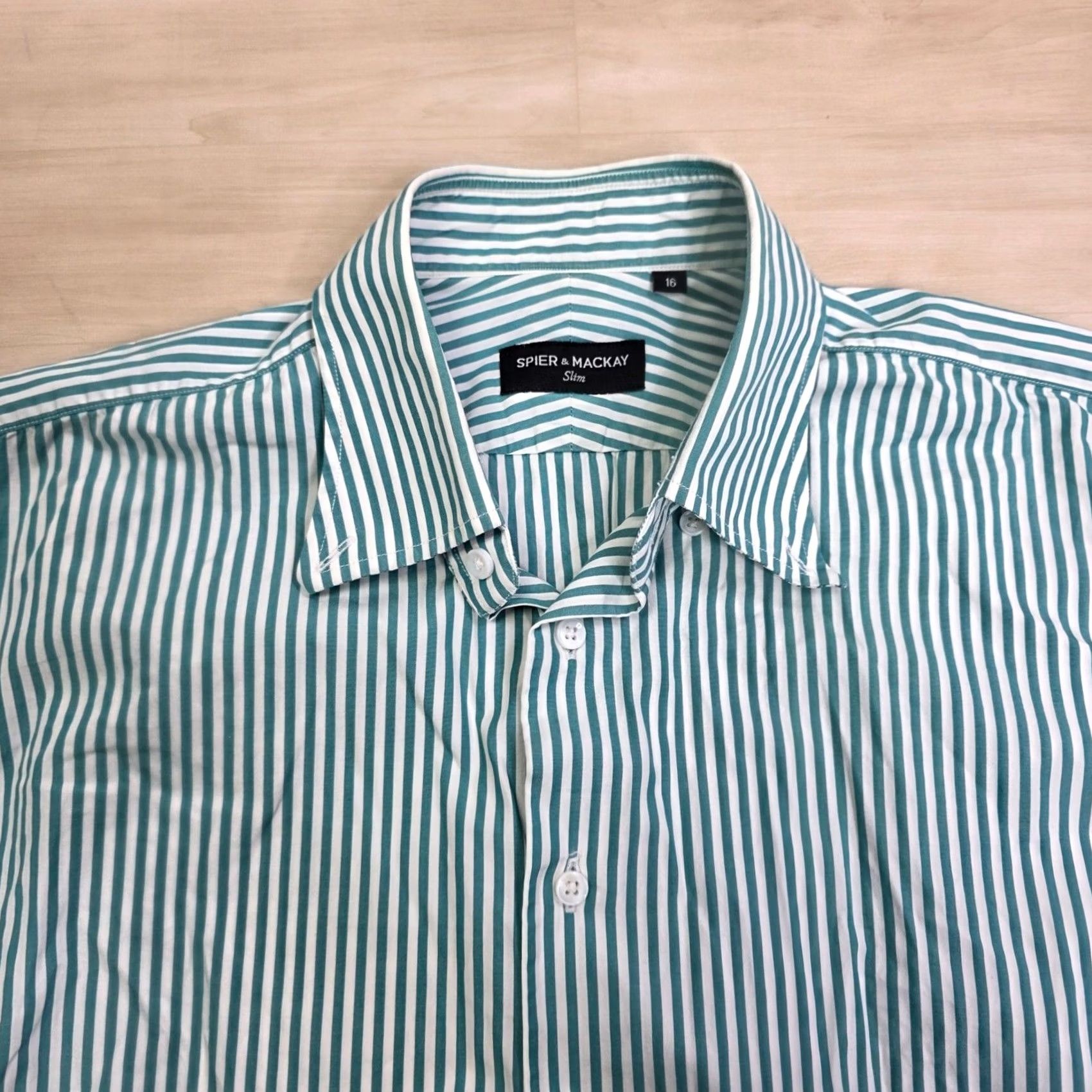 Vintage SPIER MACKAY Dress Shirt Slim Fit Green White Stripe Long Sleeve Size 16 Large Mens Size 42R - 3 Thumbnail