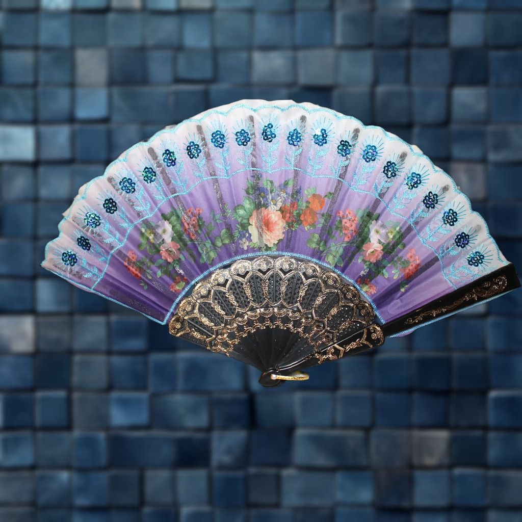 Vintage Vintage Hand Fan with Flower Sequin Embellishments, Small Size, 16-Inch Wide, Girls Women Size ONE SIZE - 1 Thumbnail