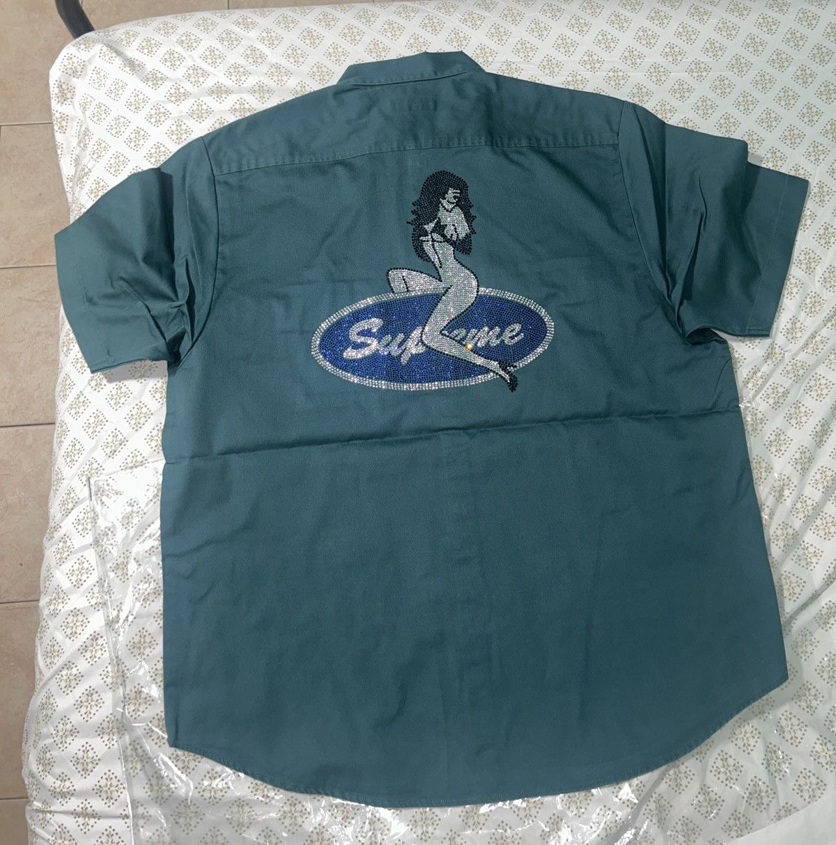 Supreme Supreme rhinestone pin up work s/s shirt teal green