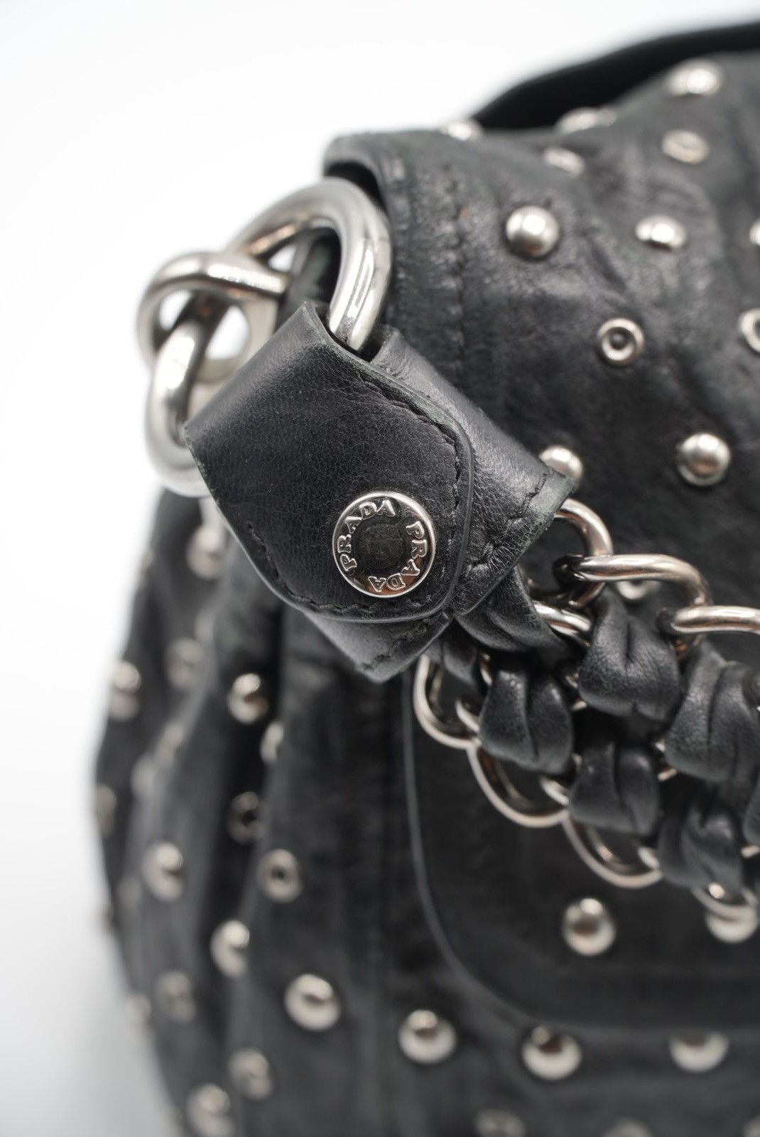 Prada Prada Black Leather Studded Handbag Size ONE SIZE - 12 Thumbnail