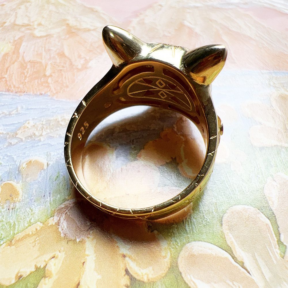 Sterling Silver SIZE 9 925 Silver Gold Plated Bohemia Cat Spring Ring Size ONE SIZE - 3 Thumbnail