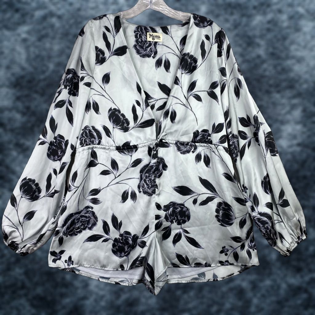 Show Me Your MuMu VINTAGE Show Me Your MuMu Romper Shirt Womens XS Silver Satin Floral Long Sleeve V Neck Bohemian 90s Theme Girls/Adults? Size XS / US 0-2 / IT 36-38 - 1 Thumbnail