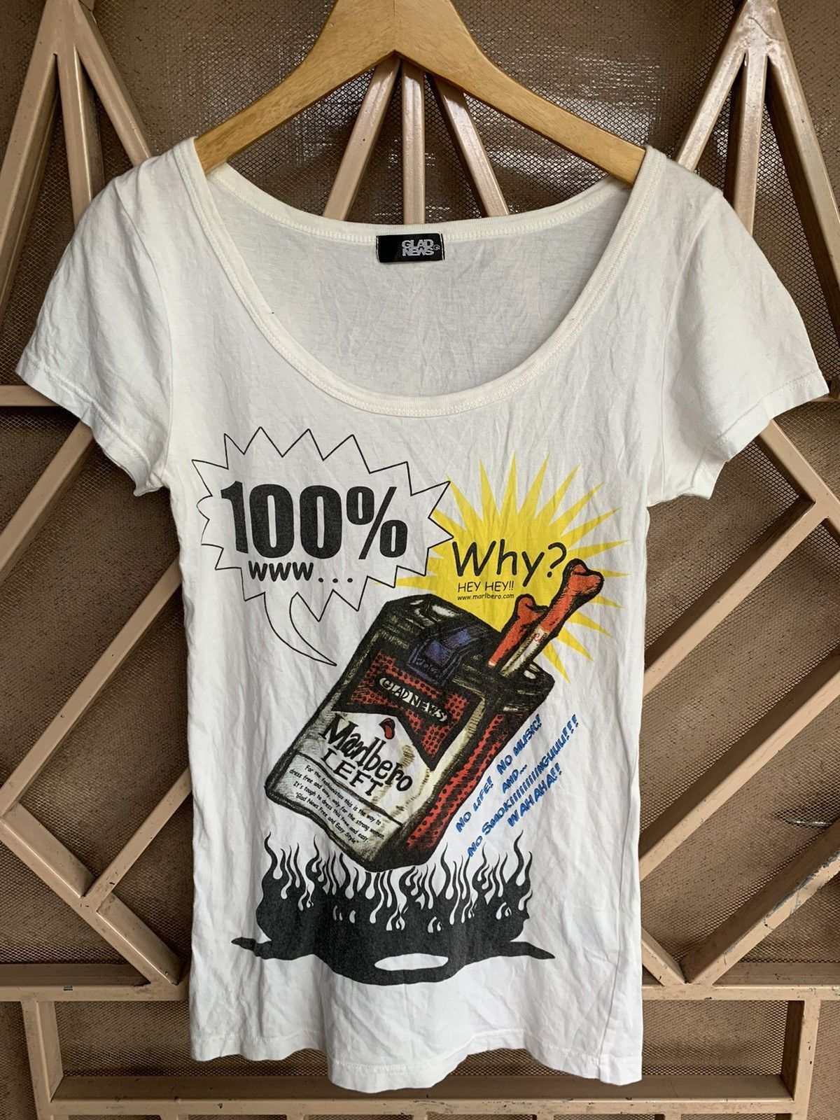 image of Archival Clothing x Kmrii Glad News No Life No Music And No Smoking in White, Men's (Size Medium)