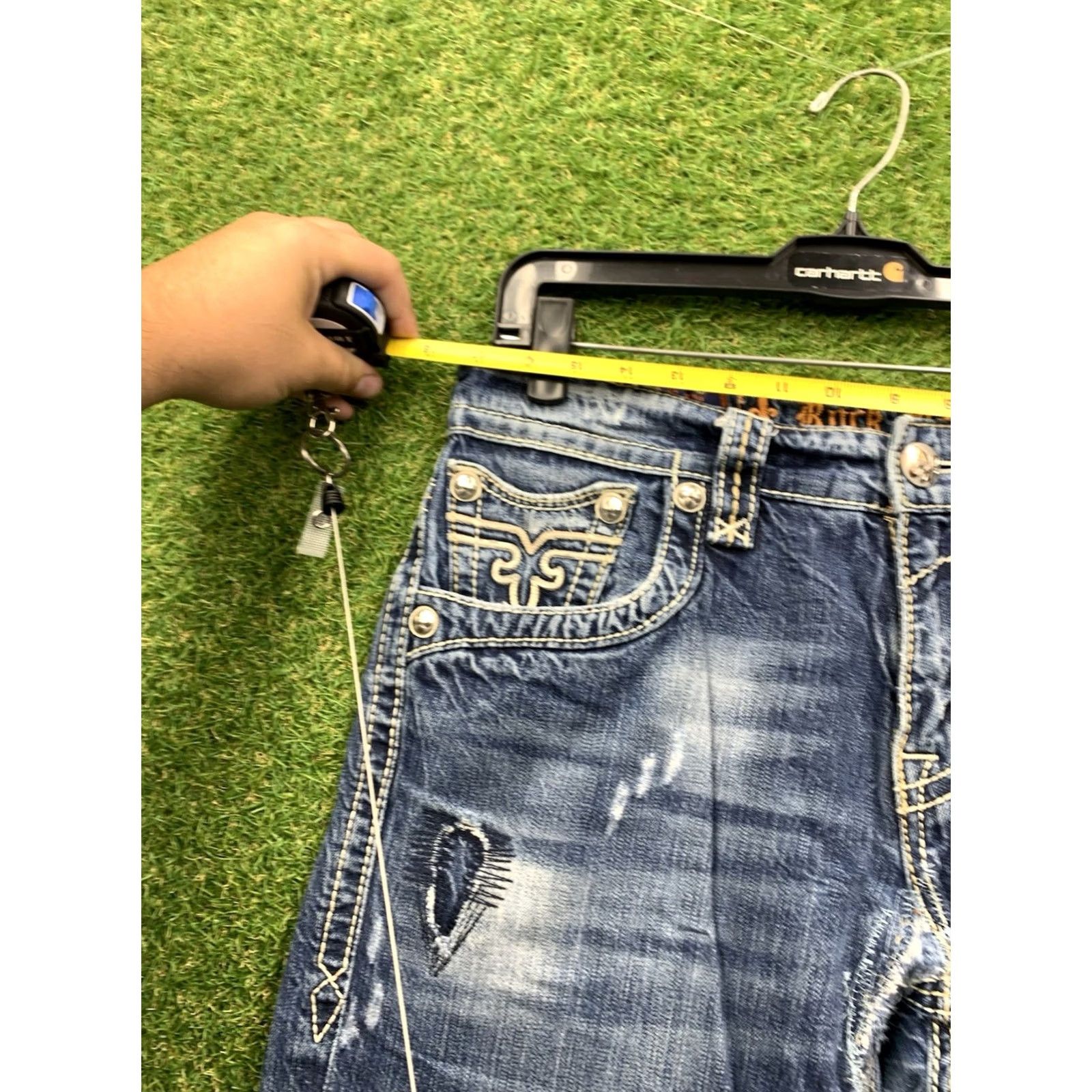 Vintage Rock Revival Jeans Men 33 Bootcut Medium Wash Distressed 5-Pocket Denim Blue Rock Grunge Biker 2000s Mens Size US 33 - 3 Thumbnail