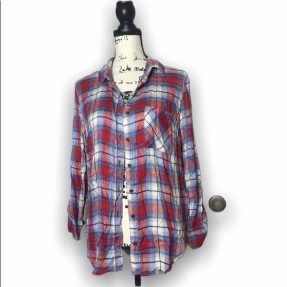 Faded Glory Faded Glory S Red Blue Plaid Button Down Shirt Soft Rayon Fl Size S / US 4 / IT 40 - 1 Thumbnail