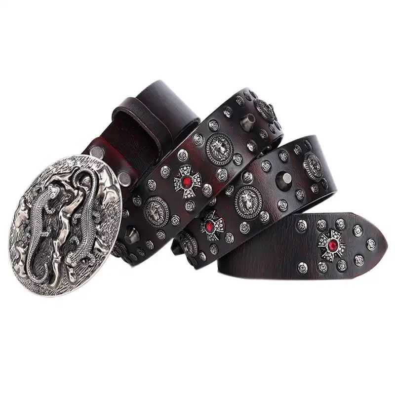 Genuine Leather × Vintage Retro Punk Rivet Belt Smooth Buckle Cowskin Genuine Leather Size ONE SIZE - 1 Preview