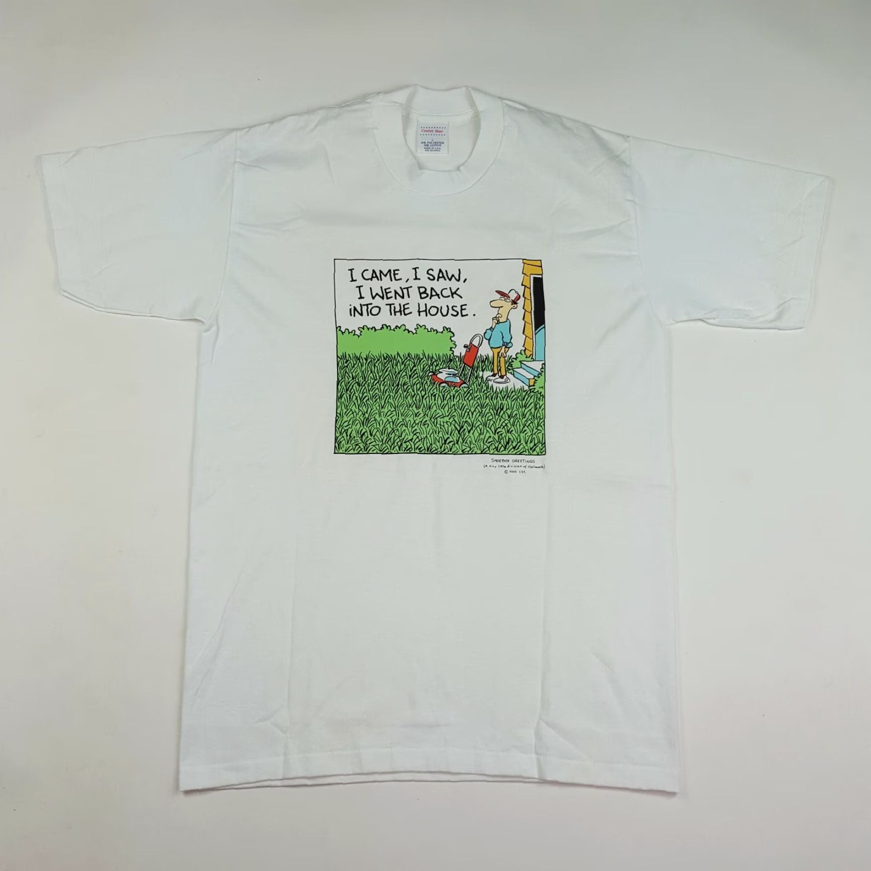 Vintage Vintage Hallmark Cards Men's Large 90s Retro Comic Lawn Mower T-Shirt White Size US L / EU 52-54 / 3 - 2 Thumbnail
