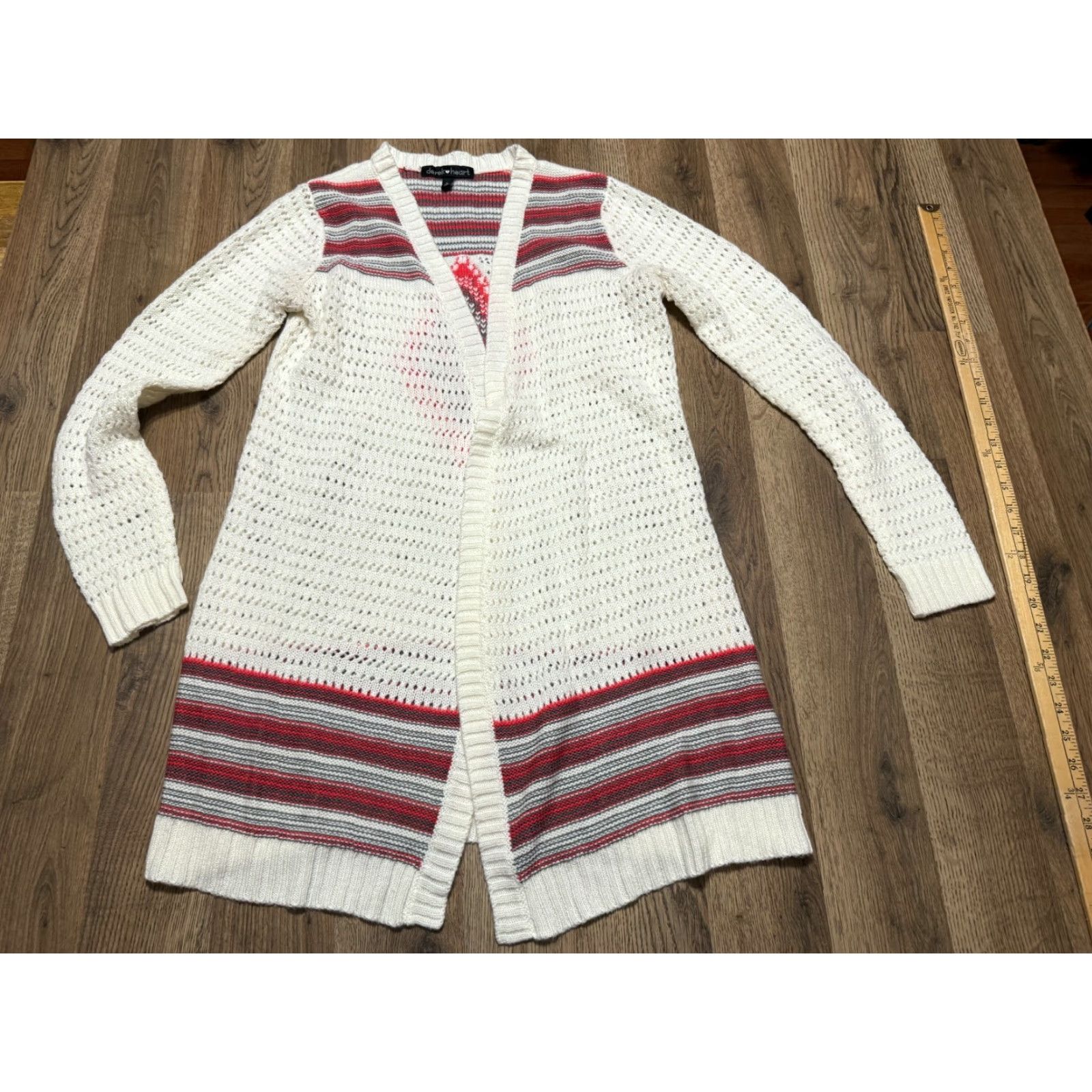 Vintage Derek Heart Women's Sweater Large White Red Grey Long Sleeve Open Cardigan Knit Size L / US 10 / IT 46 - 2 Thumbnail