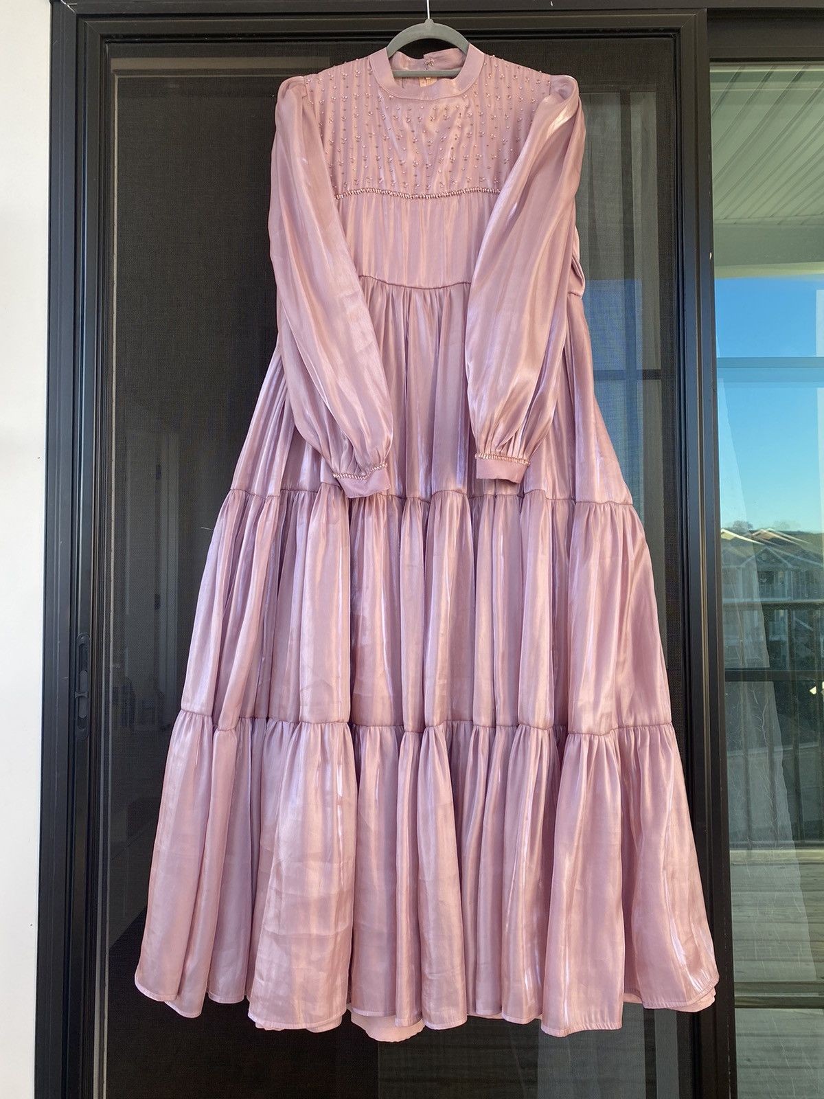 Other Gorgeous Sz L Pink Ruffle Tiered Partywear Maxi Beaded Dress Size L / US 10 / IT 46 - 1 Thumbnail