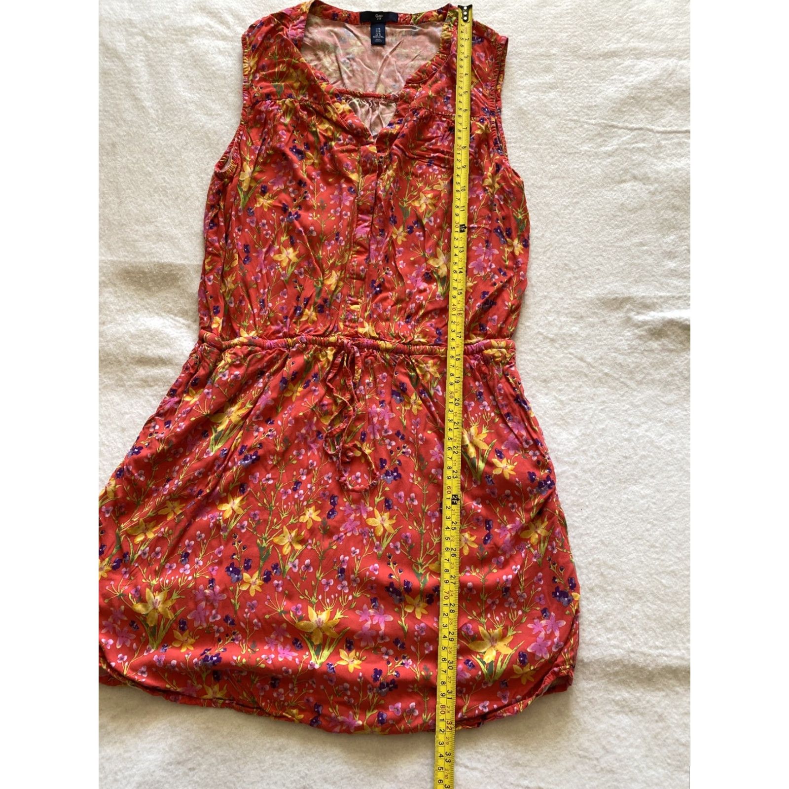 Gap GAP Red Floral Mini Dress Sleeveless V-Neck Drawstring Waist M Women’s Short Casual Spring Summer Fall Multicolor Flower Pattern Dress Size M / US 6-8 / IT 42-44 - 7 Thumbnail